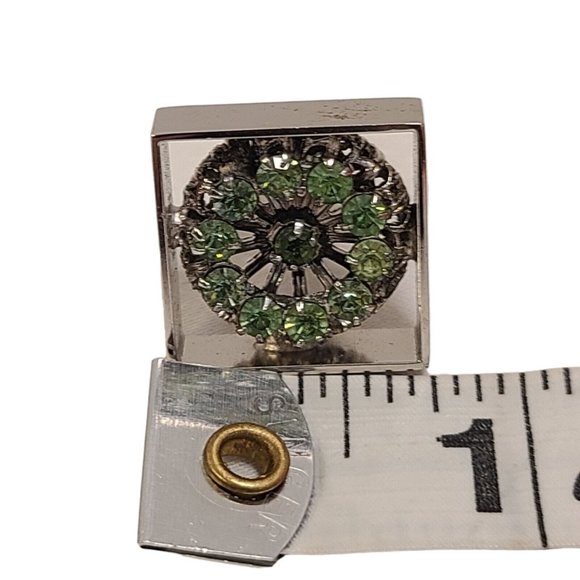 Stunning Vintage Cufflinks And Tie Pin Green Rhinestone Silvertone Alstein‎ Box - Picture 13 of 16